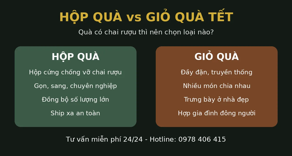Hộp Quà Tết Hay Giỏ Quà Tết: Nên Chọn Loại Nào? 2 Hộp quà vs giỏ quà Tết: Quà có chai rượu thì nên chọn loại nào?